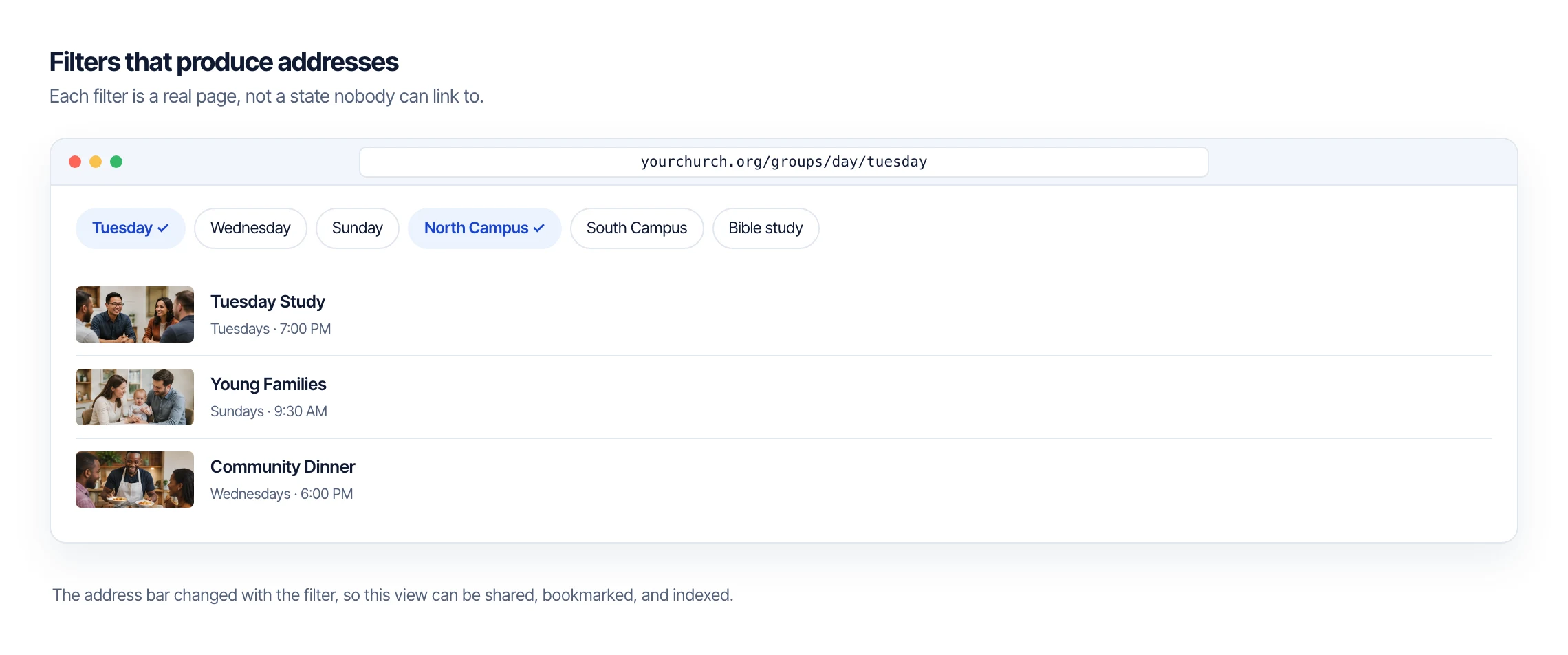 A group finder with filter chips selected and the matching URL in the address bar